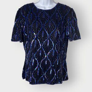 Vtg Stenay Silk Blouse | M | Sequin Bead | Glam Art Deco